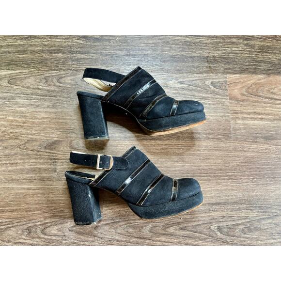Vintage 1970s Faux Black Suede & Patent Leather Clogs Sling Back AS IS - Picture 4 of 11